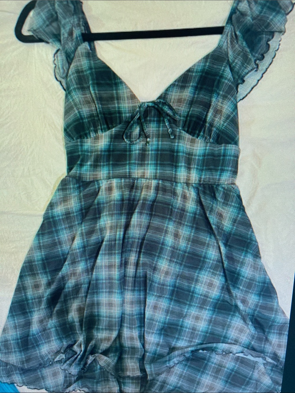 Plaid Ruffle-Trim Midi Dress in Teal and Gray